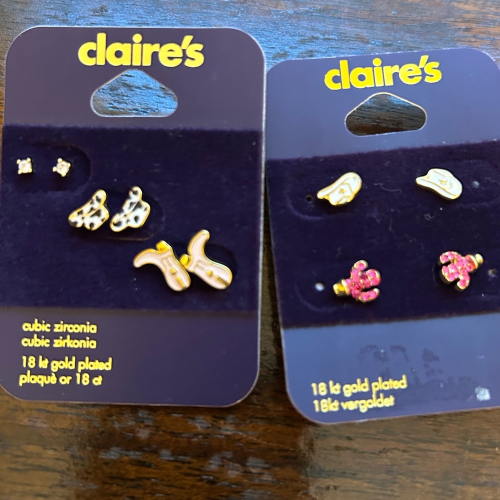 Claire's Western Themed Set of 5 Pair Earrings Set New on Card 18 KT Gold Plated